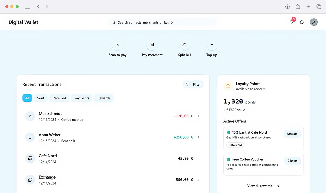 Digital multi-currency wallet dashboard with recent transactions and loyalty reward points