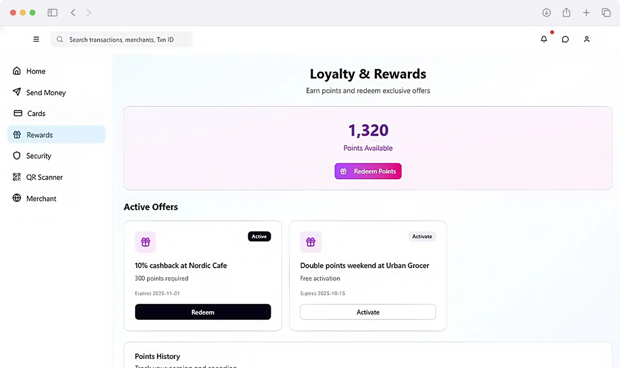 Loyalty and rewards redemption portal with active cashback offers and point balance