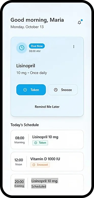 Patient mobile medication reminder detail screen with dose confirmation actions