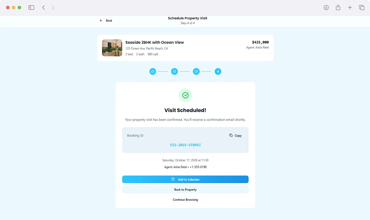 Property Viewing Confirmation and Booking Summary Screen