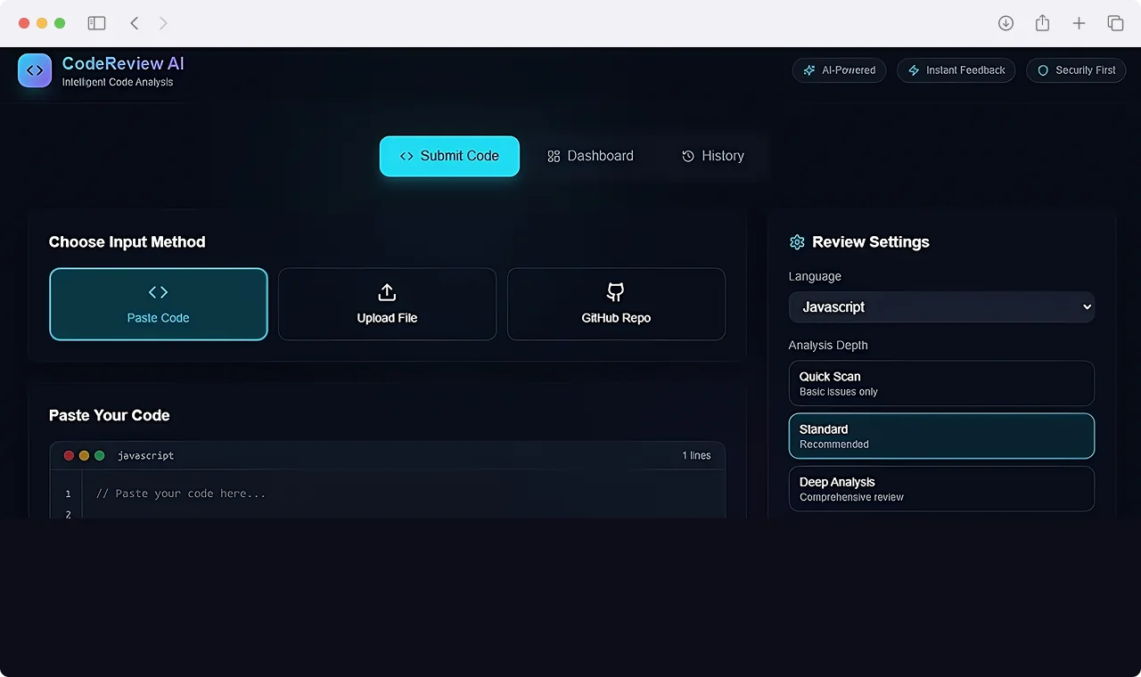 CodeReview AI code submission interface with input methods and review settings