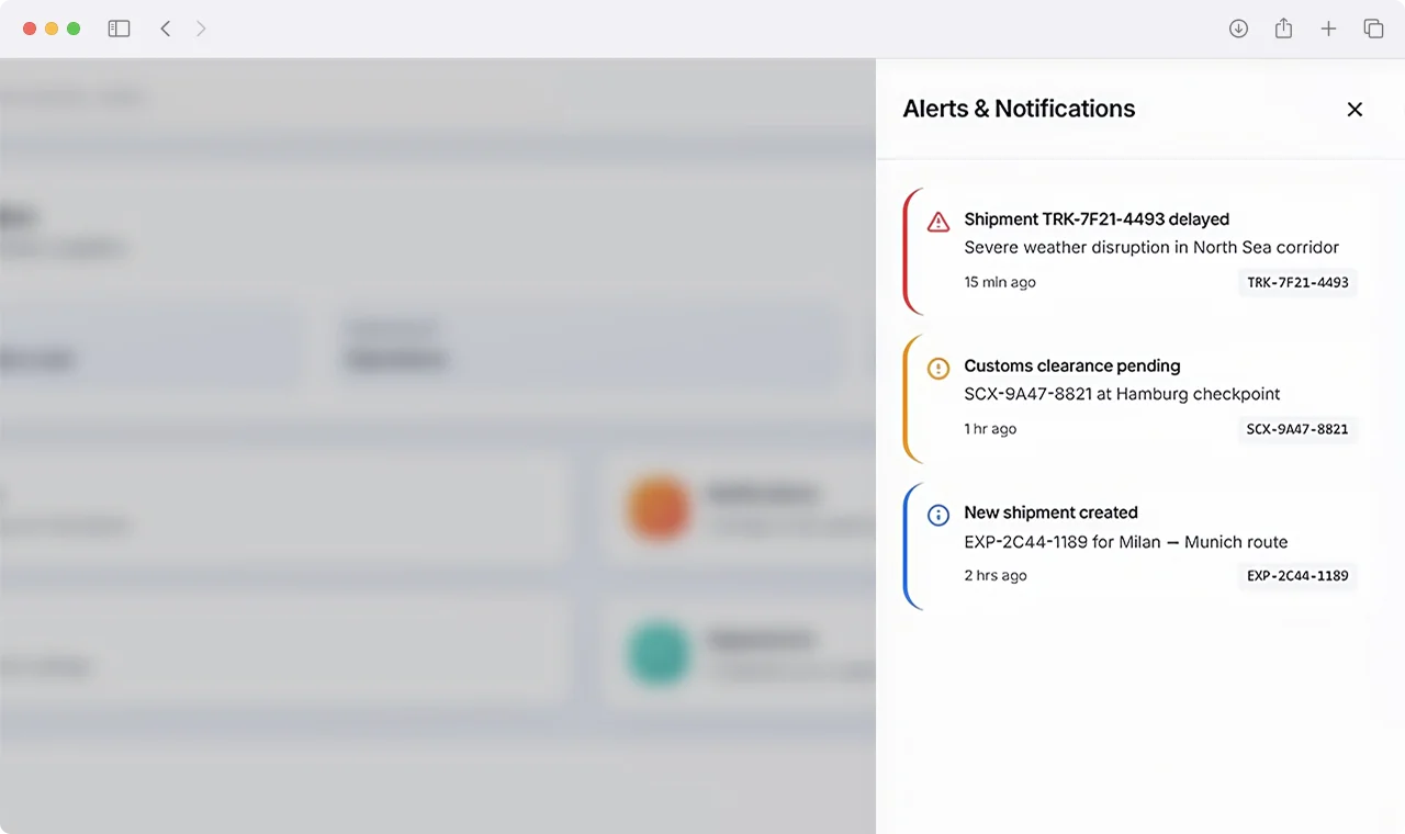 Real-time logistics exception alerts and shipment delay notifications panel
